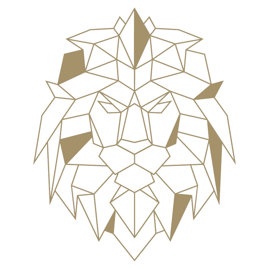 The Axiom X crest: a lion&rsquo;s head rendered entirely in straight gold lines and flat geometric facets